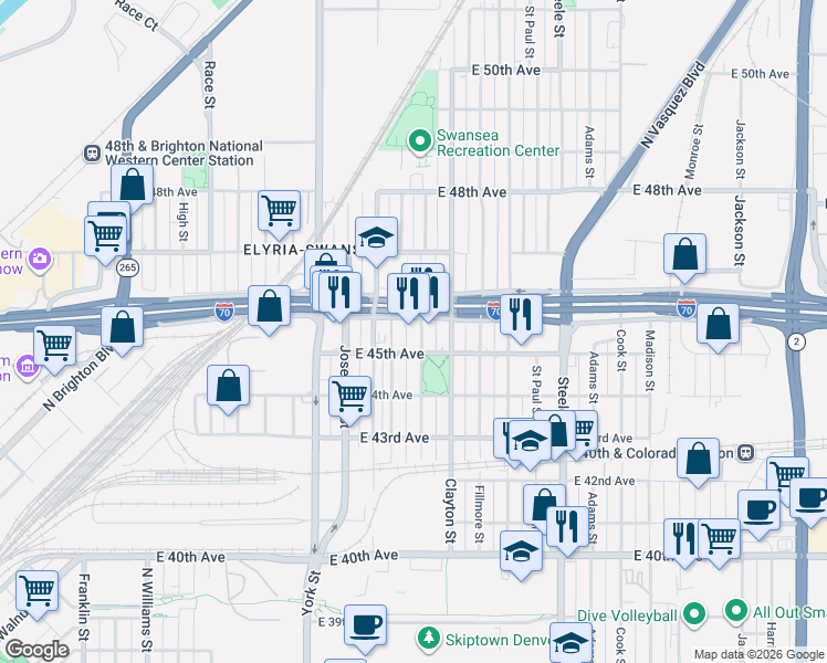 map of restaurants, bars, coffee shops, grocery stores, and more near 2630 East 46th Avenue in Denver