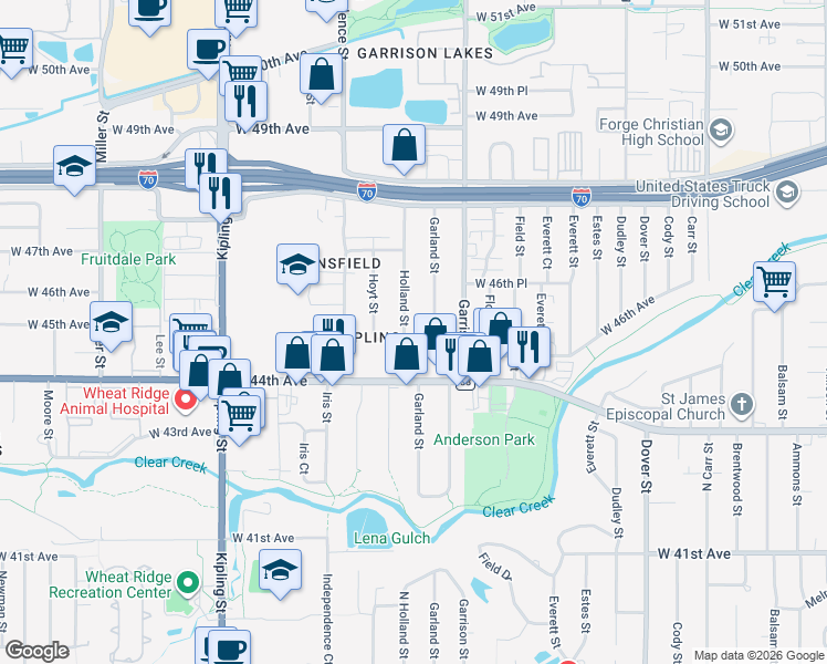 map of restaurants, bars, coffee shops, grocery stores, and more near 4525 Garland Street in Wheat Ridge