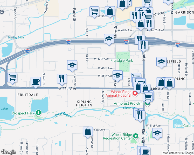 map of restaurants, bars, coffee shops, grocery stores, and more near 10621 West 45th Avenue in Wheat Ridge