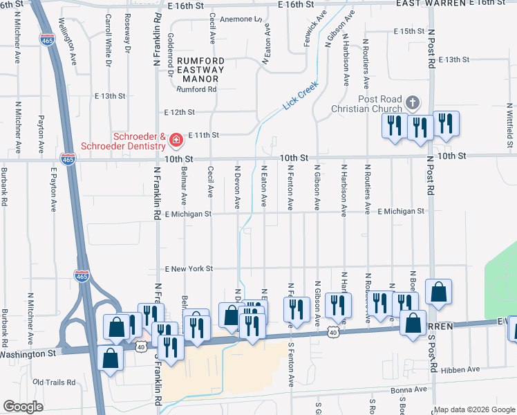 map of restaurants, bars, coffee shops, grocery stores, and more near 717 North Devon Avenue in Indianapolis