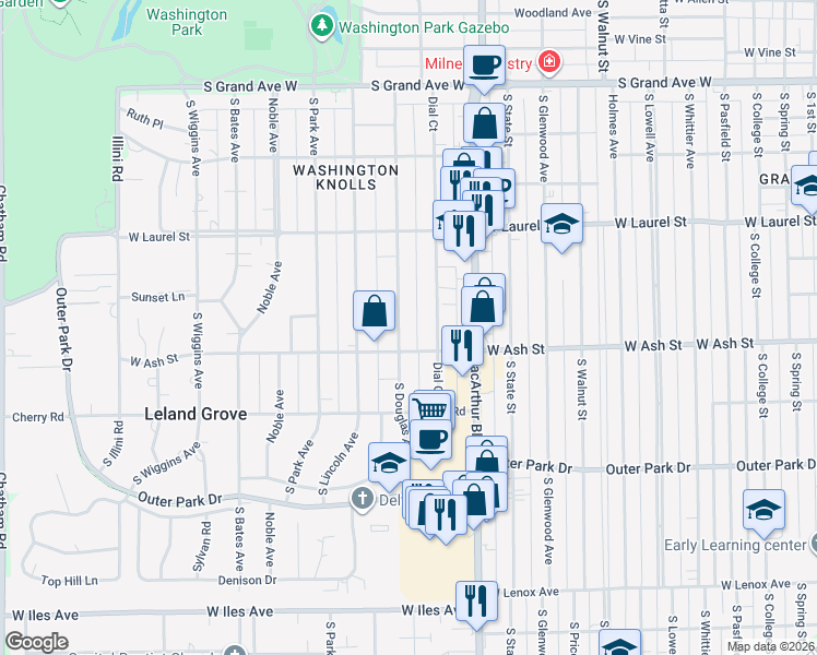 map of restaurants, bars, coffee shops, grocery stores, and more near 1905 South Douglas Avenue in Springfield