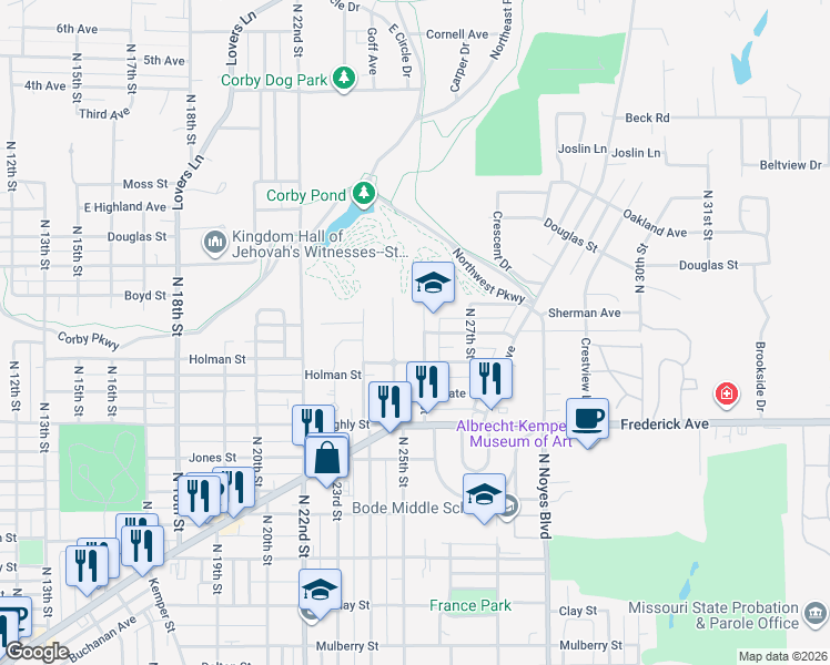 map of restaurants, bars, coffee shops, grocery stores, and more near 1418 North 26th Street in Saint Joseph