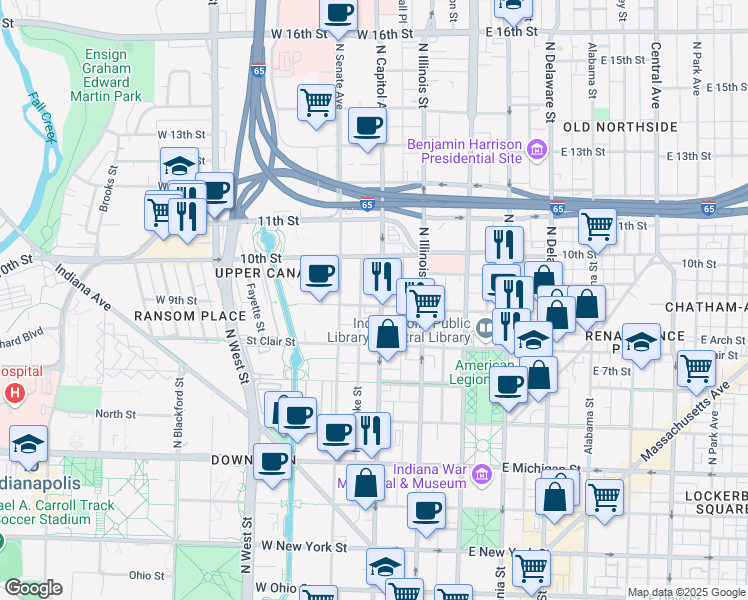 map of restaurants, bars, coffee shops, grocery stores, and more near 902 North Capitol Avenue in Indianapolis