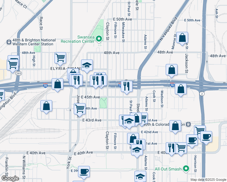 map of restaurants, bars, coffee shops, grocery stores, and more near 4541 Fillmore Street in Denver
