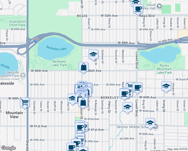 map of restaurants, bars, coffee shops, grocery stores, and more near 4220 West 46th Avenue in Denver