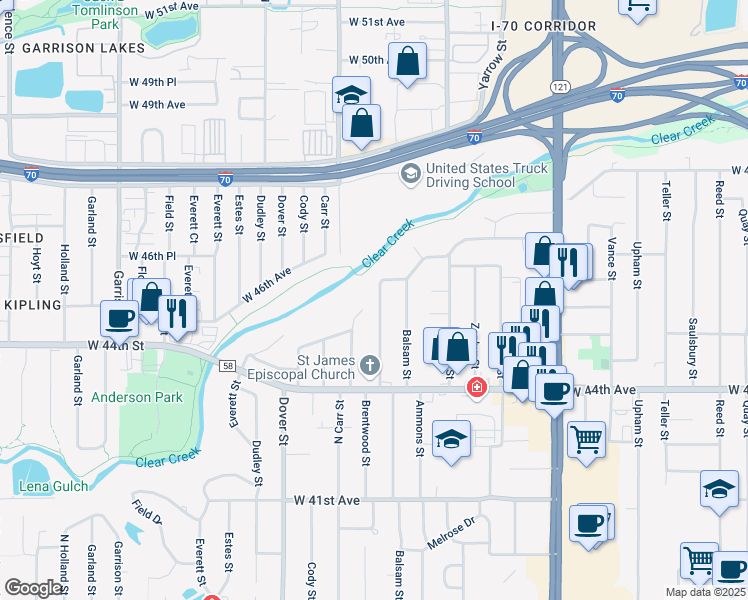 map of restaurants, bars, coffee shops, grocery stores, and more near 4599 Carr Street in Wheat Ridge