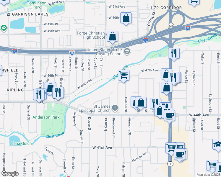 map of restaurants, bars, coffee shops, grocery stores, and more near 4599 Carr Street in Wheat Ridge