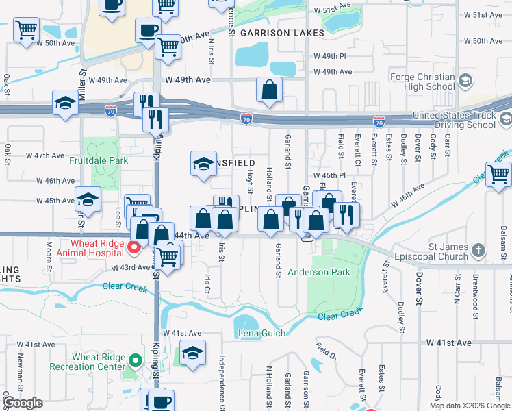 map of restaurants, bars, coffee shops, grocery stores, and more near 4520 Hoyt Street in Wheat Ridge
