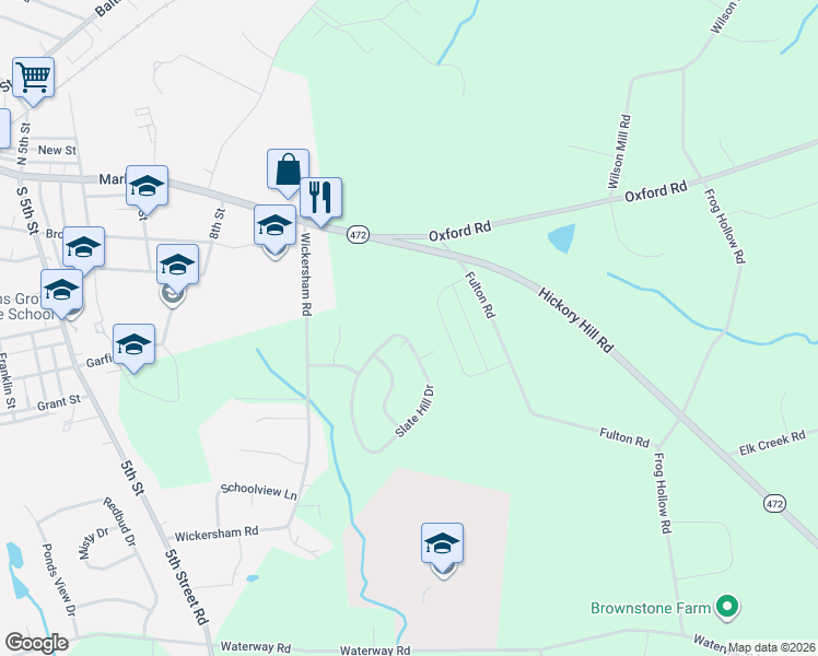 map of restaurants, bars, coffee shops, grocery stores, and more near 728 Slate Hill Drive in Oxford