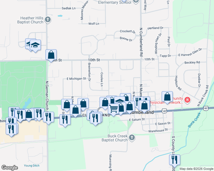 map of restaurants, bars, coffee shops, grocery stores, and more near 620 Woodlark Drive in Indianapolis