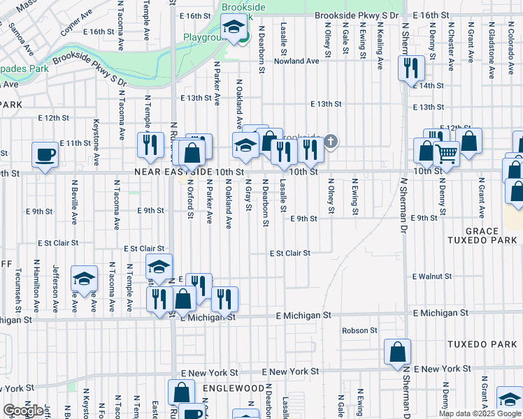 map of restaurants, bars, coffee shops, grocery stores, and more near 933 North Dearborn Street in Indianapolis