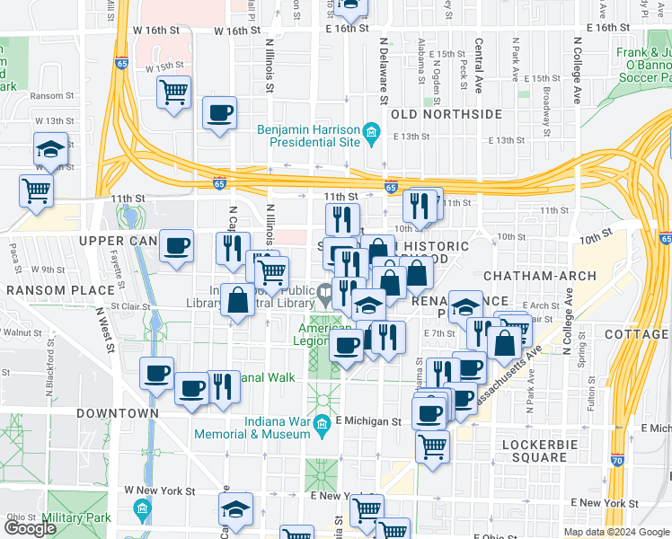 map of restaurants, bars, coffee shops, grocery stores, and more near 9 East Saint Joseph Street in Indianapolis