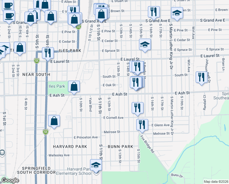 map of restaurants, bars, coffee shops, grocery stores, and more near 1228 East Oak Street in Springfield