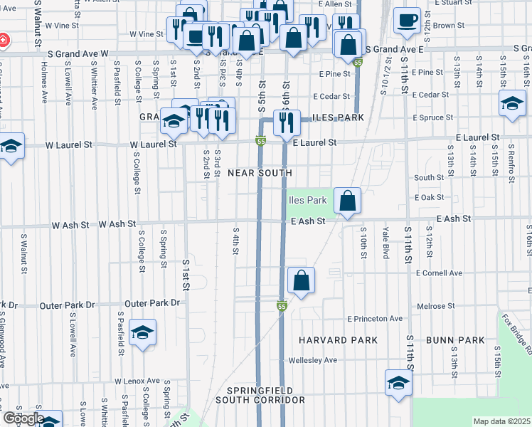 map of restaurants, bars, coffee shops, grocery stores, and more near 2021 South 6th Street in Springfield