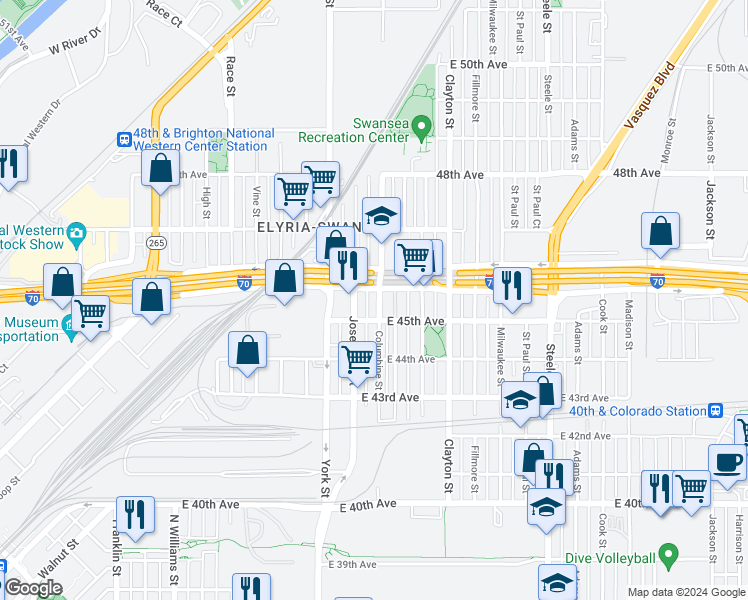 map of restaurants, bars, coffee shops, grocery stores, and more near 4535 Columbine Street in Denver