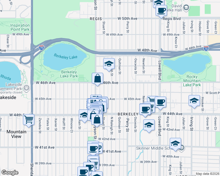 map of restaurants, bars, coffee shops, grocery stores, and more near 4220 West 46th Avenue in Denver