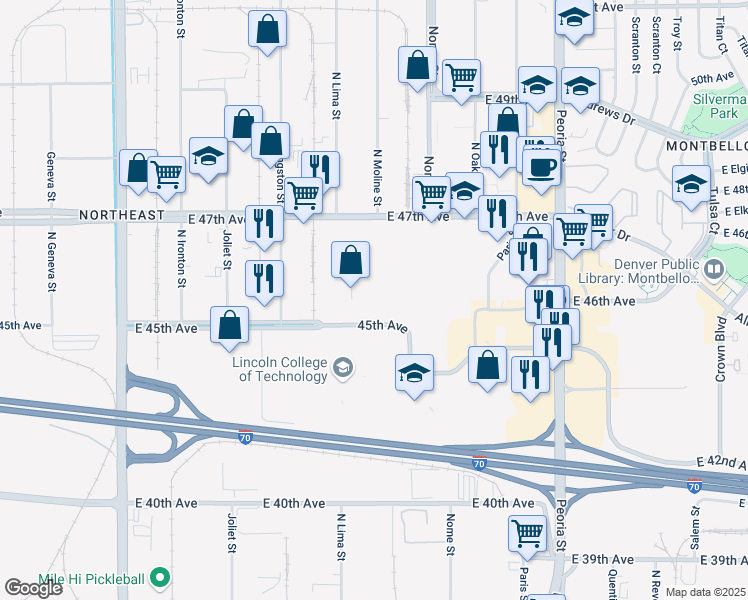 map of restaurants, bars, coffee shops, grocery stores, and more near 11511 East 45th Avenue in Denver