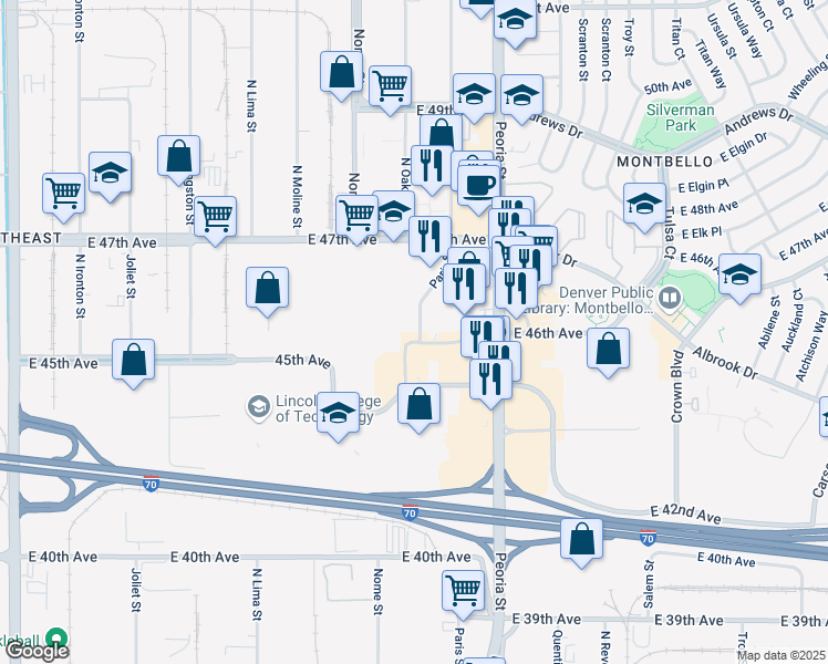 map of restaurants, bars, coffee shops, grocery stores, and more near 4585 Paris Street in Denver