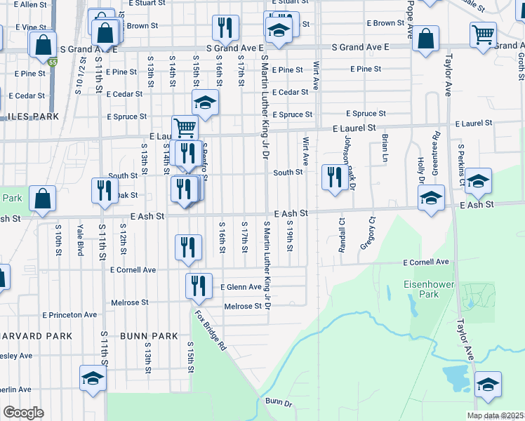 map of restaurants, bars, coffee shops, grocery stores, and more near 1949 South Martin Luther King Junior Drive in Springfield