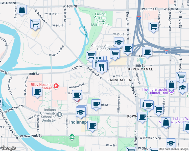 map of restaurants, bars, coffee shops, grocery stores, and more near 900 Indiana Avenue in Indianapolis