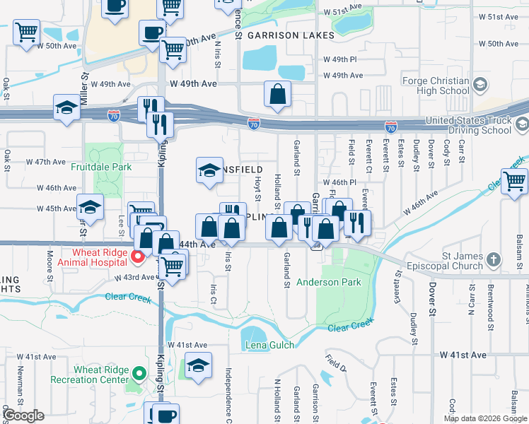 map of restaurants, bars, coffee shops, grocery stores, and more near 4520 Hoyt Street in Wheat Ridge