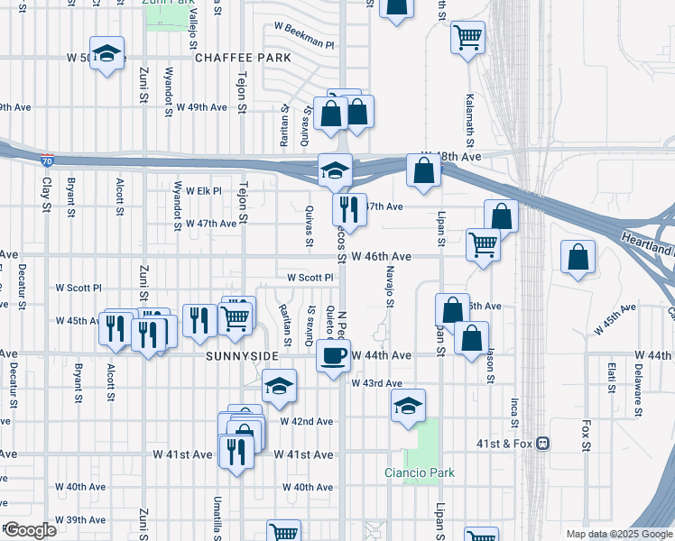 map of restaurants, bars, coffee shops, grocery stores, and more near in Denver