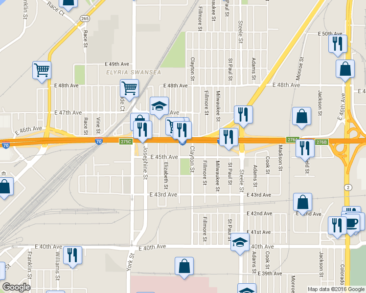 map of restaurants, bars, coffee shops, grocery stores, and more near 2630 East 46th Avenue in Denver