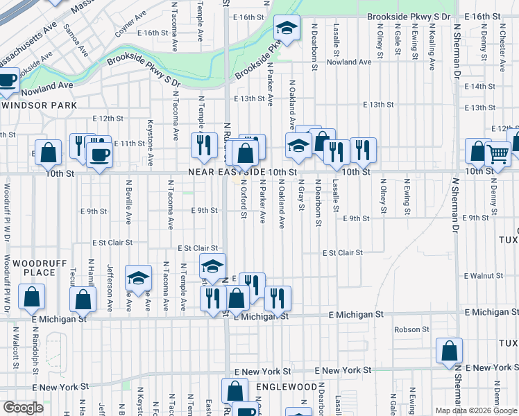 map of restaurants, bars, coffee shops, grocery stores, and more near 919 North Oxford Street in Indianapolis
