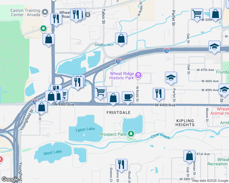 map of restaurants, bars, coffee shops, grocery stores, and more near 11640 West 46th Avenue in Wheat Ridge