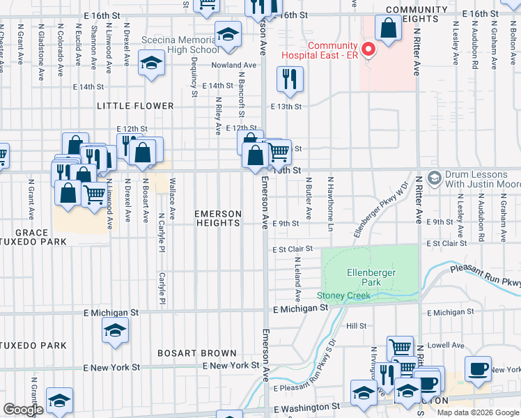map of restaurants, bars, coffee shops, grocery stores, and more near 834 North Emerson Avenue in Indianapolis