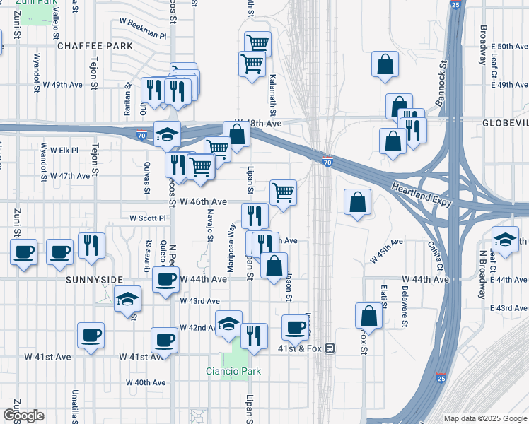 map of restaurants, bars, coffee shops, grocery stores, and more near 1170 W 46th Ave in Denver