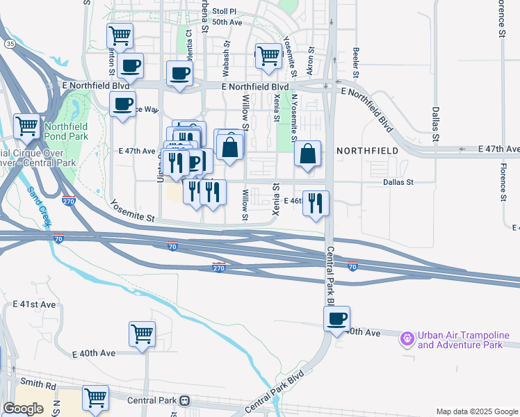 map of restaurants, bars, coffee shops, grocery stores, and more near 4501 Xenia Street in Denver