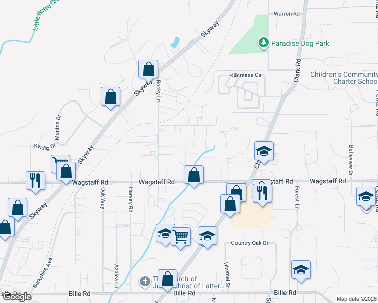 map of restaurants, bars, coffee shops, grocery stores, and more near 6468 Moss Lane in Paradise