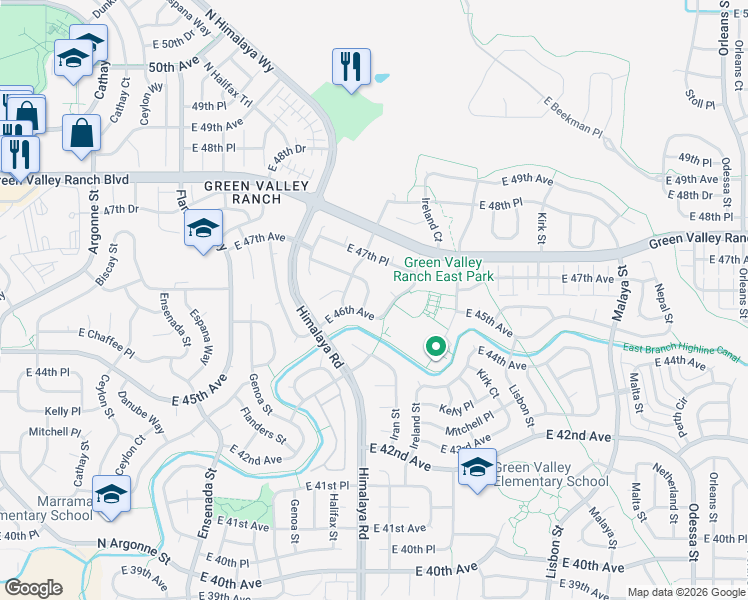 map of restaurants, bars, coffee shops, grocery stores, and more near 4647 Ireland Court in Denver