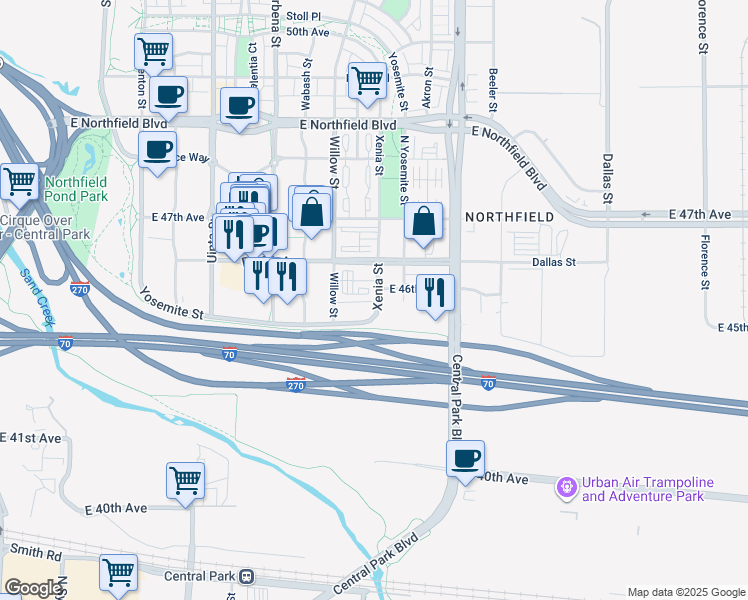 map of restaurants, bars, coffee shops, grocery stores, and more near 4523 Xenia Street in Denver
