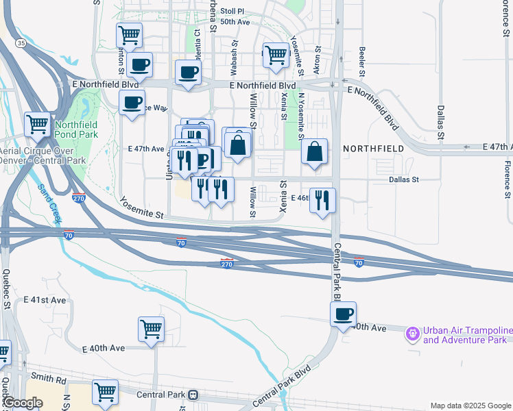 map of restaurants, bars, coffee shops, grocery stores, and more near 4501 Xenia Street in Denver