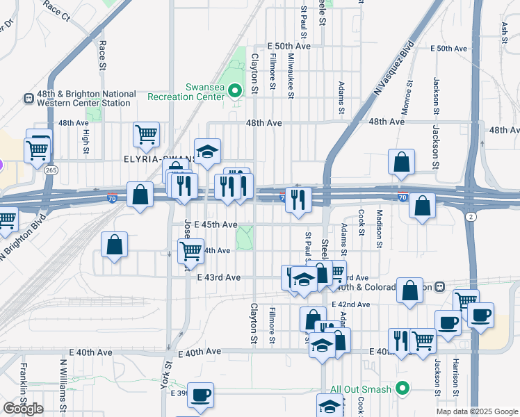 map of restaurants, bars, coffee shops, grocery stores, and more near 4541 Fillmore Street in Denver