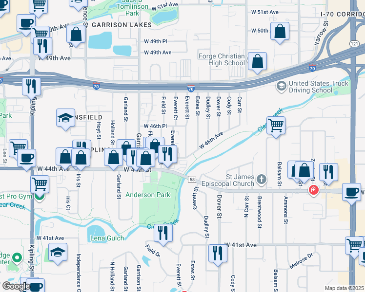 map of restaurants, bars, coffee shops, grocery stores, and more near 4564 Everett Street in Wheat Ridge