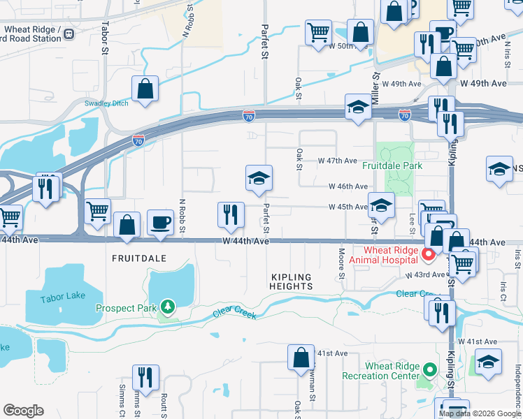 map of restaurants, bars, coffee shops, grocery stores, and more near 4501 Parfet Street in Wheat Ridge