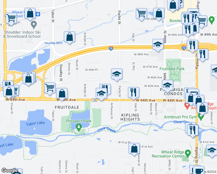 map of restaurants, bars, coffee shops, grocery stores, and more near 11127 West 45th Avenue in Wheat Ridge