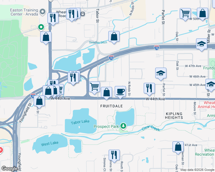 map of restaurants, bars, coffee shops, grocery stores, and more near 11640 West 46th Avenue in Wheat Ridge