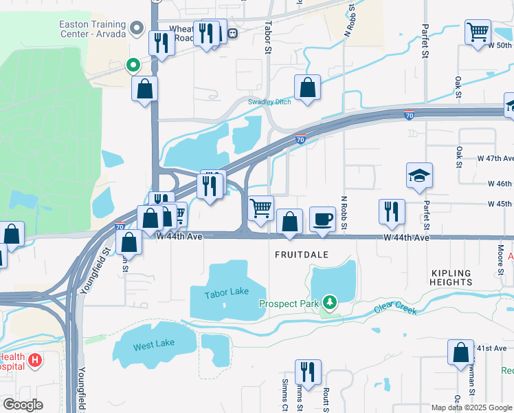 map of restaurants, bars, coffee shops, grocery stores, and more near West 44th Avenue in Wheat Ridge