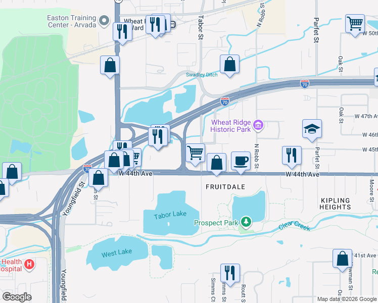 map of restaurants, bars, coffee shops, grocery stores, and more near West 44th Avenue in Wheat Ridge