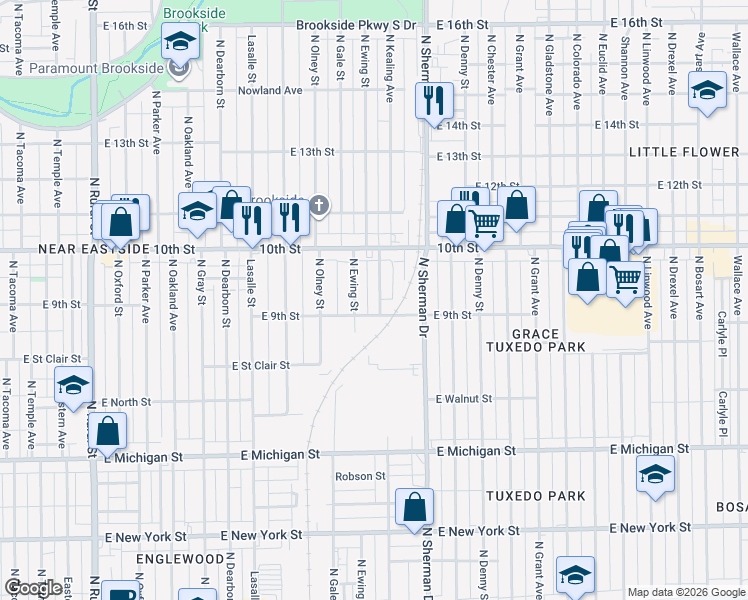 map of restaurants, bars, coffee shops, grocery stores, and more near 930 North Kealing Avenue in Indianapolis