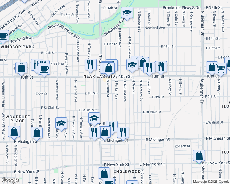 map of restaurants, bars, coffee shops, grocery stores, and more near 919 North Oxford Street in Indianapolis