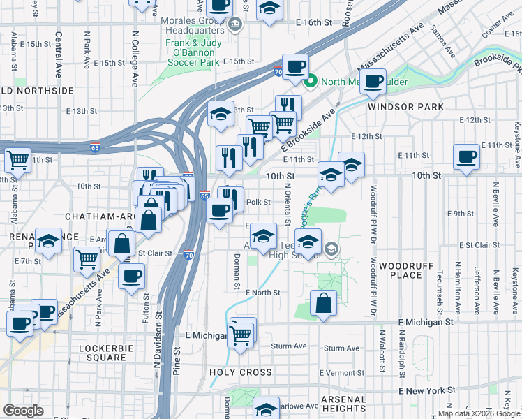 map of restaurants, bars, coffee shops, grocery stores, and more near 934 North Highland Avenue in Indianapolis