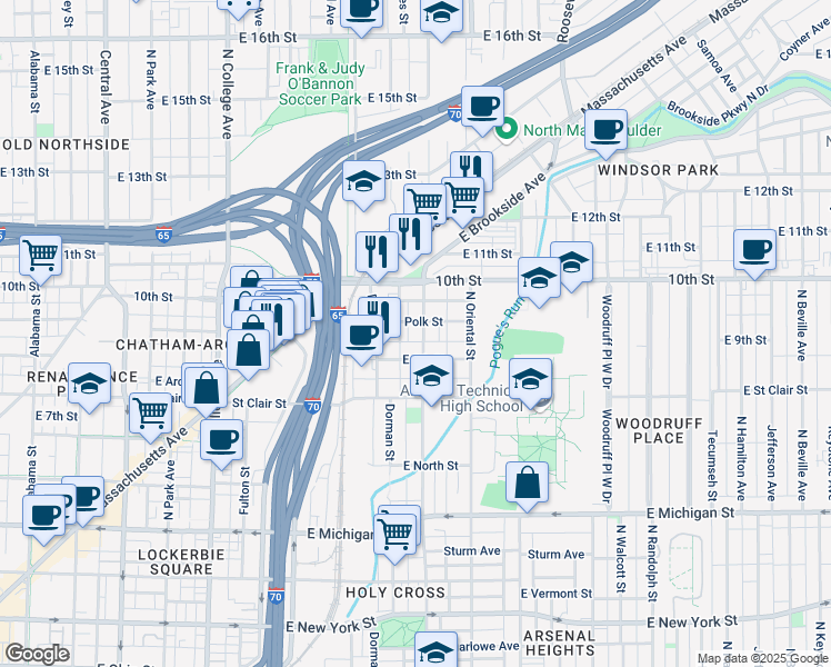 map of restaurants, bars, coffee shops, grocery stores, and more near 934 North Highland Avenue in Indianapolis
