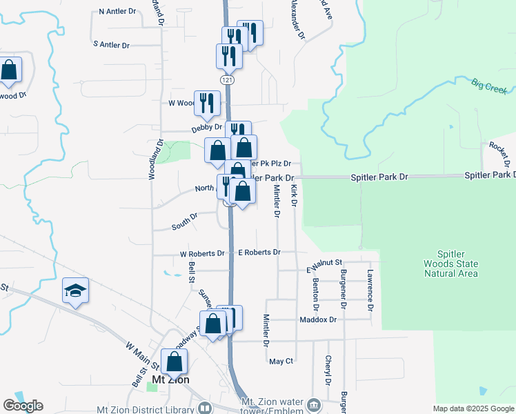 map of restaurants, bars, coffee shops, grocery stores, and more near 925 Lima Street in Mount Zion