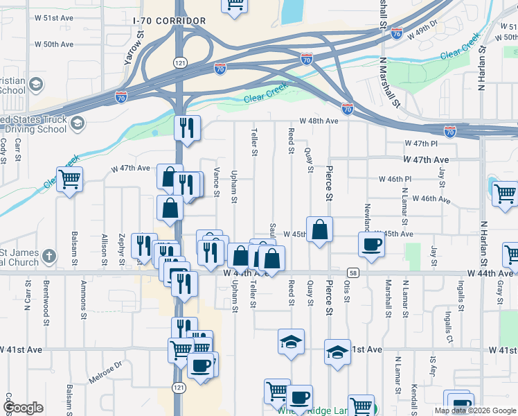 map of restaurants, bars, coffee shops, grocery stores, and more near 4570 Teller Street in Wheat Ridge