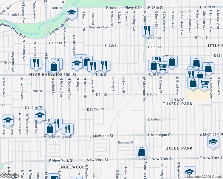 map of restaurants, bars, coffee shops, grocery stores, and more near 932 North Olney Street in Indianapolis